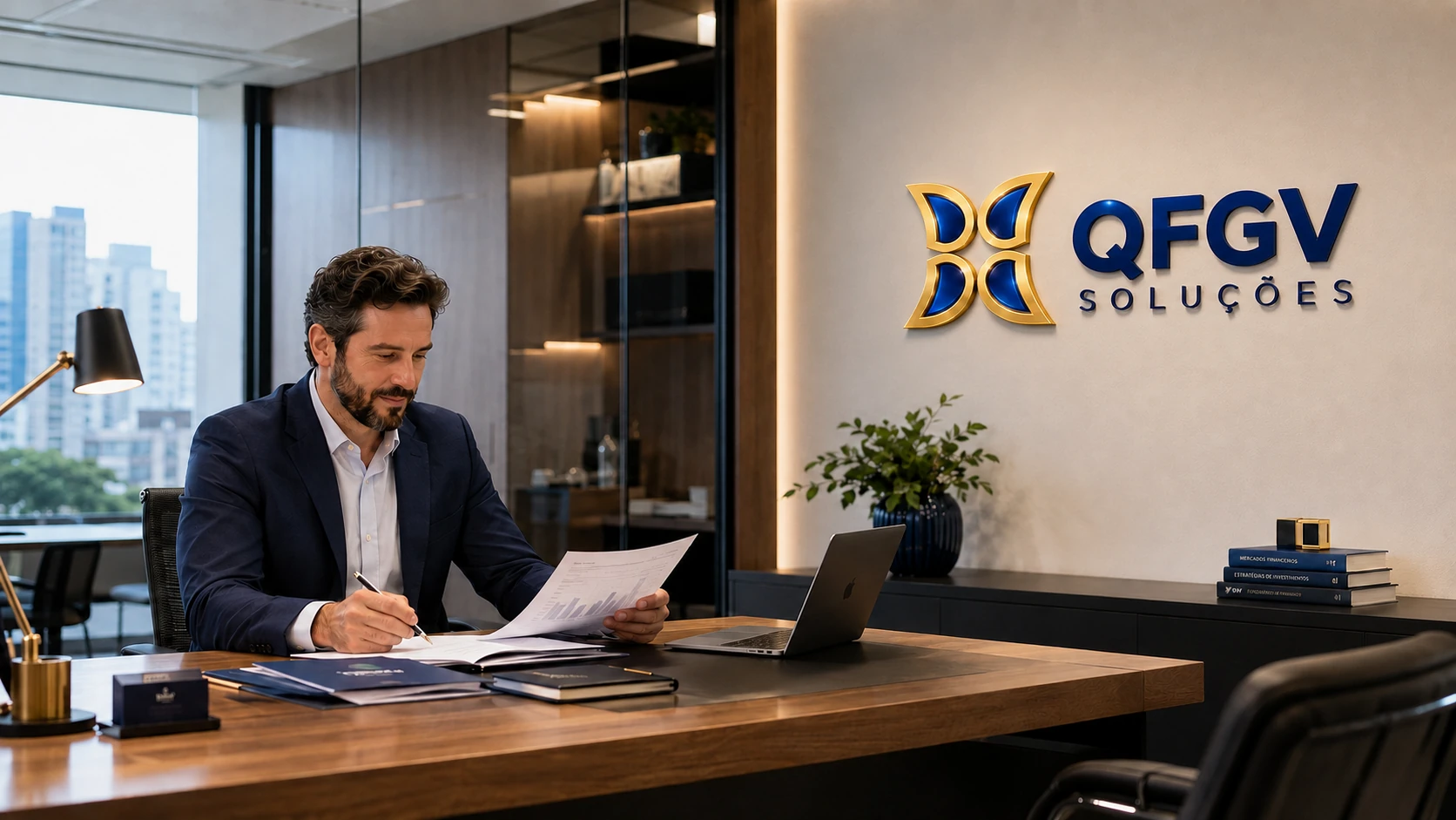 Executivo da QFGV analisando documentos em ambiente corporativo