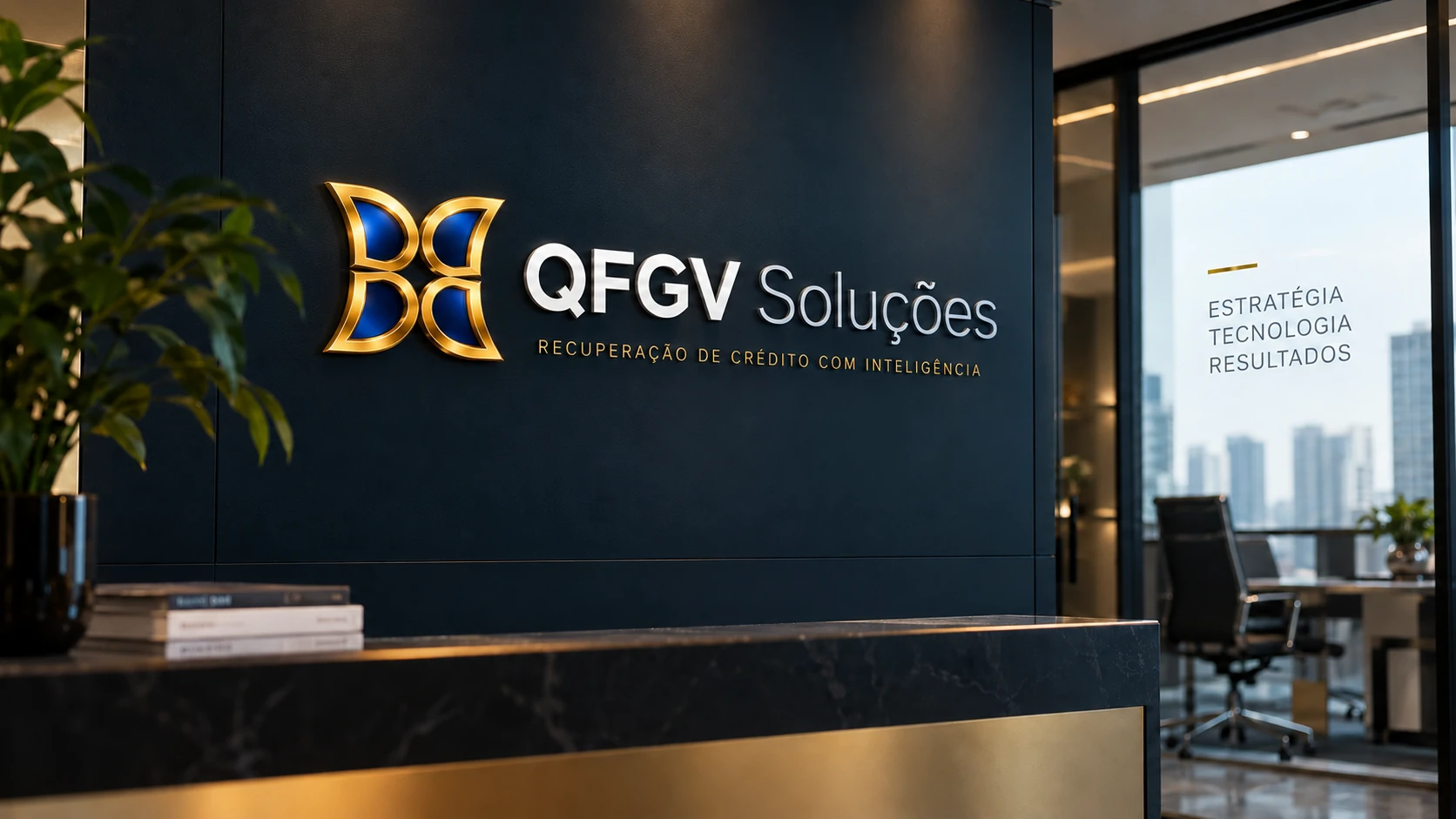 Recepção institucional da QFGV com aplicação da marca