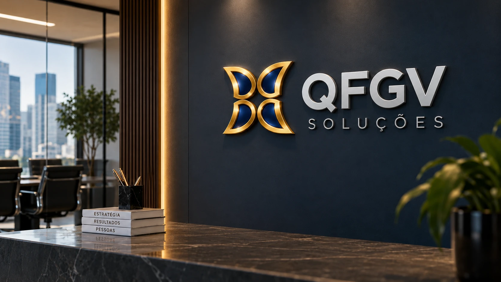 Ambiente corporativo da QFGV com vista urbana