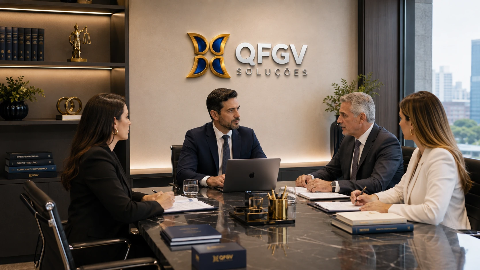 Reunião executiva de estratégia no escritório da QFGV
